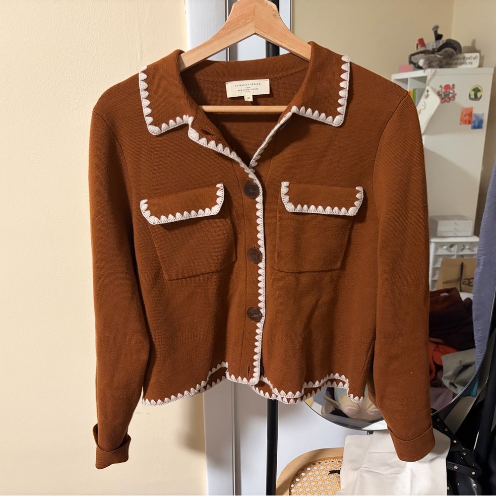 EUC Sezane Betty Cardigan Embroidered Mahogany / Cream - Size M
